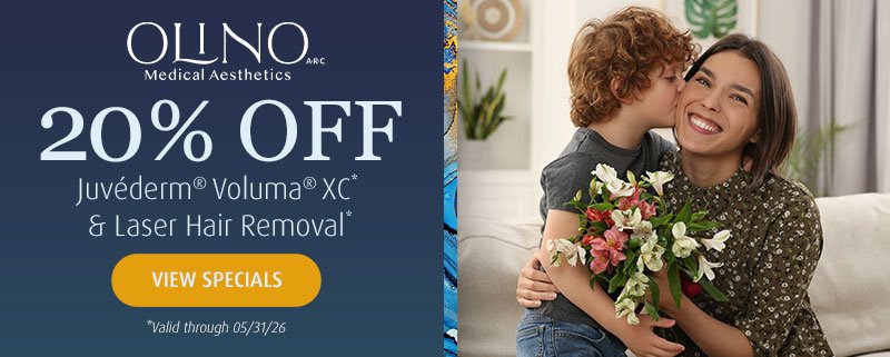 ARC Medical Aesthetics banner with the words '20% off Juvederm Voluma XC and Laser Hair Removal' and an image of a woman croutching down while her son is handing her flowers for Mother's Day and kissing her cheek