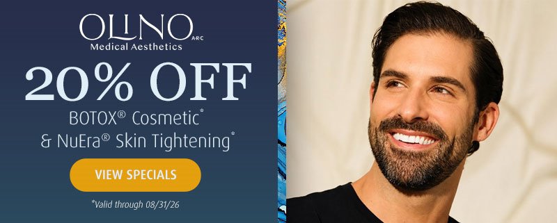 ARC Medical Aesthetics banner with the words '20% off Botox and Platelet-Rich Fibrin (PRF)' and an image of a wedding photo and a couple getting married