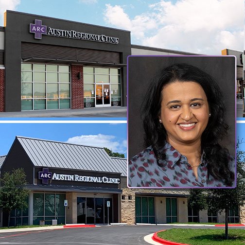 Front view of ARC Dripping Springs and ARC Center Street in Kyle, and an image of Nikki G. Patel, MD, Allergy and Asthma Doctor
