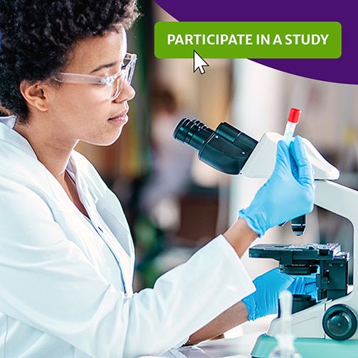 Clinical research specialist examining clinical study samples and a green button with the words 'participate in a study'