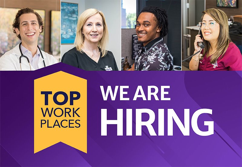 We Are Hiring banner with a Top Work Places ribbon and a collage including four happy and charismatic ARC team members