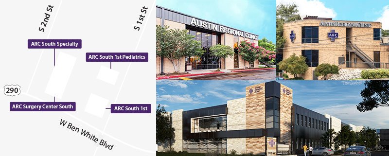 ARC South Medical Campus map and images of all clinics at the location, ARC South Specialty, ARC Surgery Center South, ARC South 1st, and ARC South 1st Pediatrics
