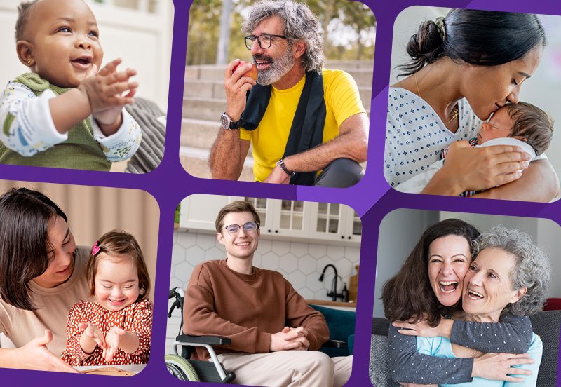 Collage of diverse patients and families, including a baby, a man eating an apple, mothers with children, and a smiling man in a wheelchair, all reflecting joy and connection