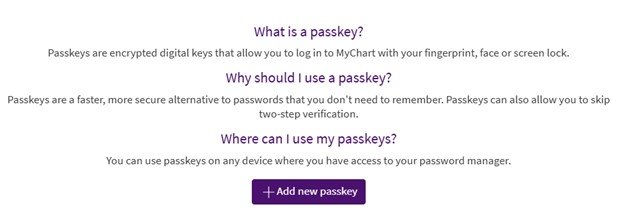 example of ARC MyChart directing a user to add a new passkey