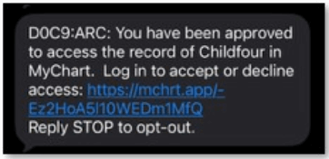 Example message in MyChart for approval to access record in MyChart