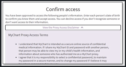Example of the Confirm Access screen in MyChart