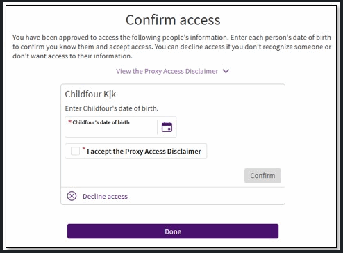 Example of the Confirm Access screen in MyChart