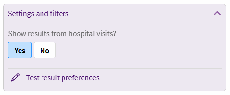 Example of the Test result preferences options in ARC MyChart, where you can filter to show results from hospital visits