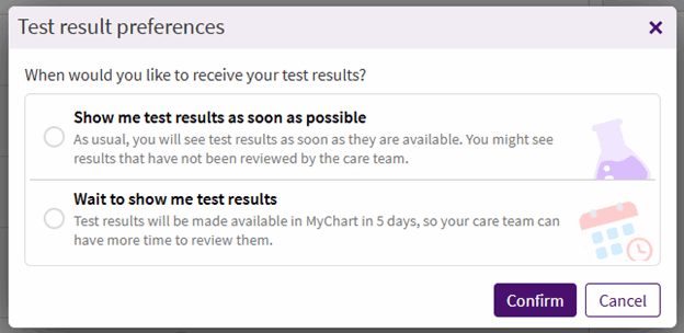 Example of the Test result preferences options in ARC MyChart, where you can choose for MyChart to show you test results as soon as possible or wait to show your test results