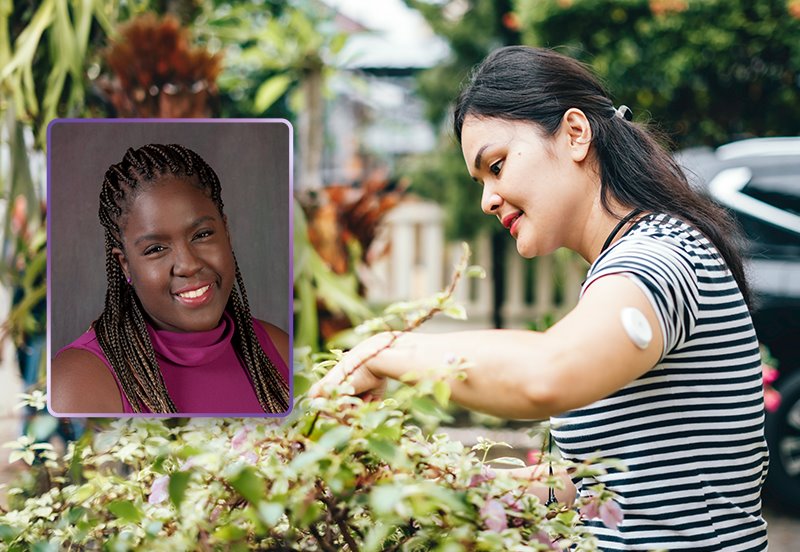 Woman enjoying gardening out under the summer sun while wearing a glucose monitor to help her manage her diabetes, and an image of Natalie A. Williams, MD, Family Medicine Doctor at ARC East 7th in Austin, TX