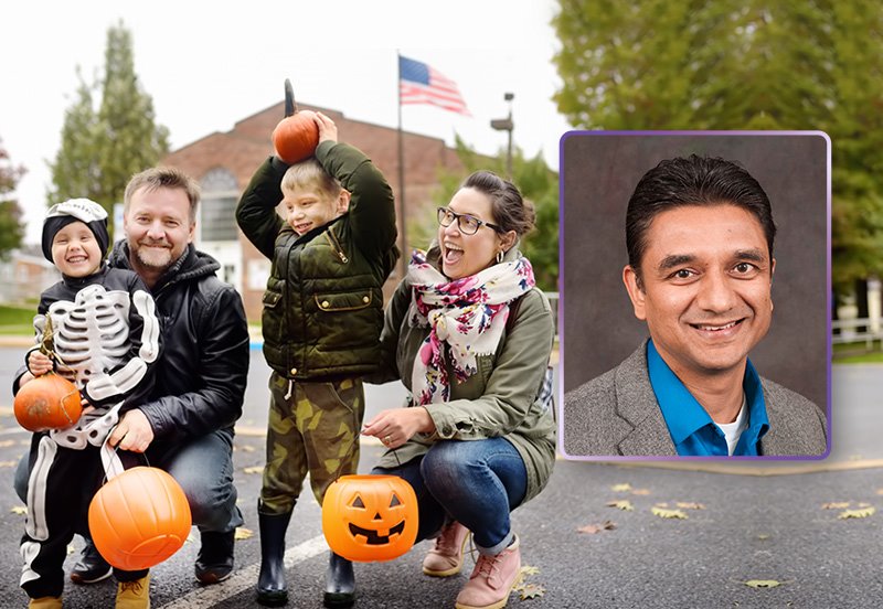 Family trick-or-treating on Halloween, representing good health during the flu, COVID, and RSV season, and an image of Manish M Naik, MD, Chief Medical Officer and Chief Medical Information Officer of ARC