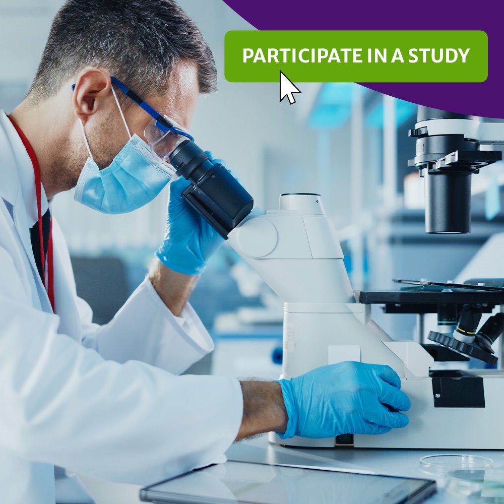 Clinical research specialist examining clinical study samples and a green button with the words 'participate in a study'