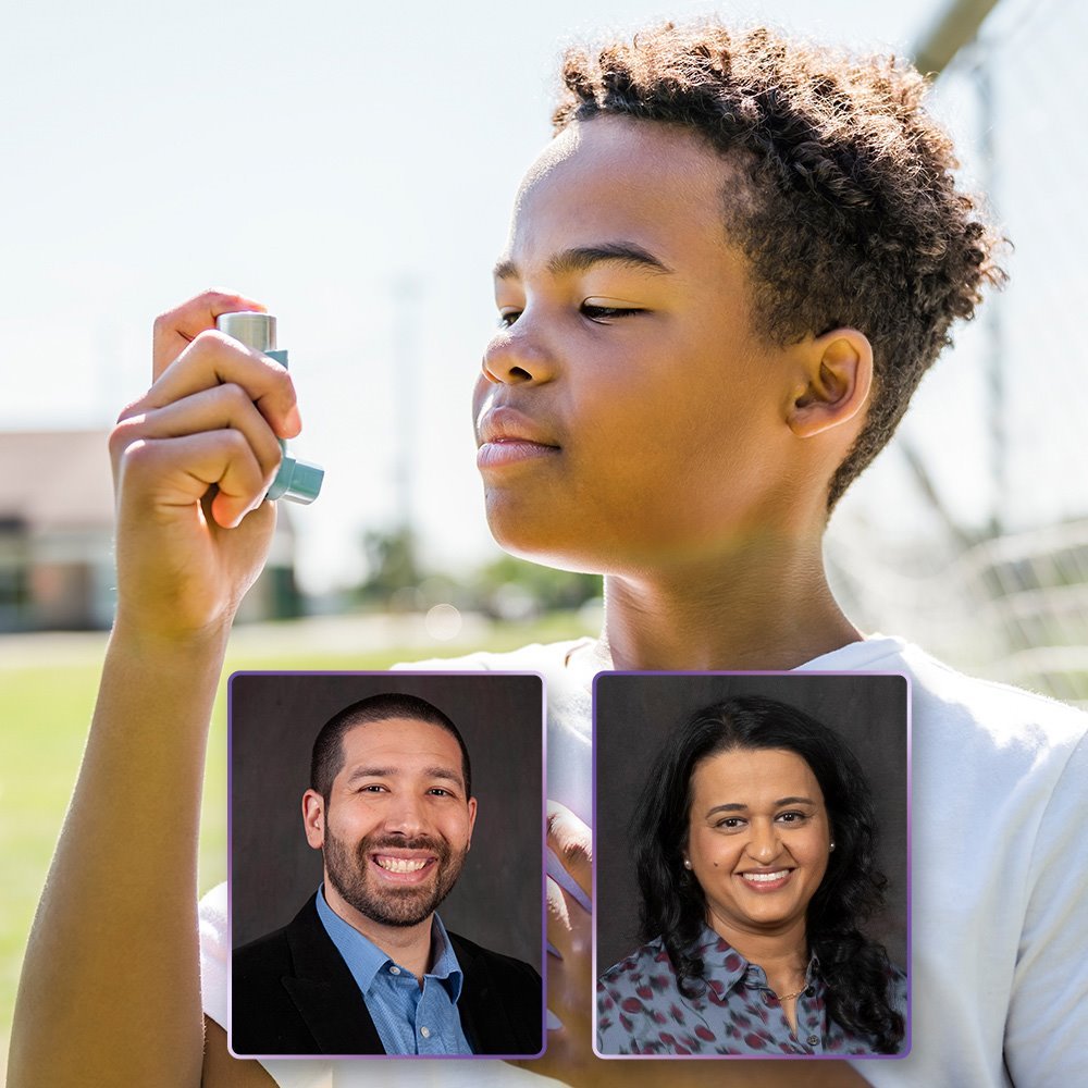 Child using an inhaler to help manage his asthma, an image of Ricardo J. Chapa, MD, ARC Pediatrician, and an image of Nikki G. Patel, MD, Allergy and Asthma specialist at ARC