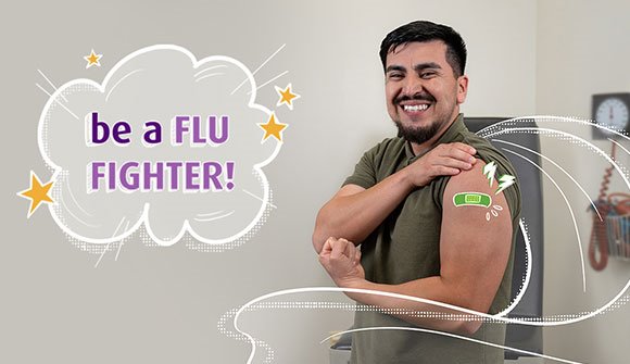 ARC patient flexing his arm after receiving his flu vaccine and the words 'be a FLU FIGHTER!'