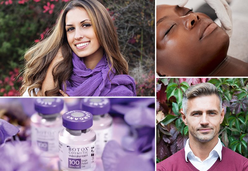 Collage featuring images of satisfied patients after BOTOX® and SmoothGlo™ treatments, a patient receiving treatment, and vials containing BOTOX® Cosmetic