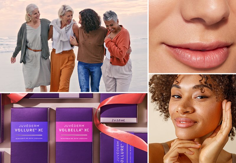 Collage featuring different images of happy patients after JUVÉDERM® or FemTouch™ Vaginal Rejuvenation treatments and an image of JUVÉDERM® packaging