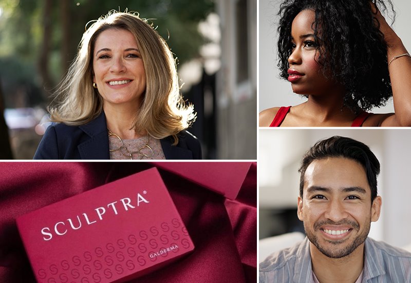 Collage featuring different images of happy patients after Sculptra® Filler and Platelet-Rich Fibrin (PRF) treatments and an image of Sculptra® packaging