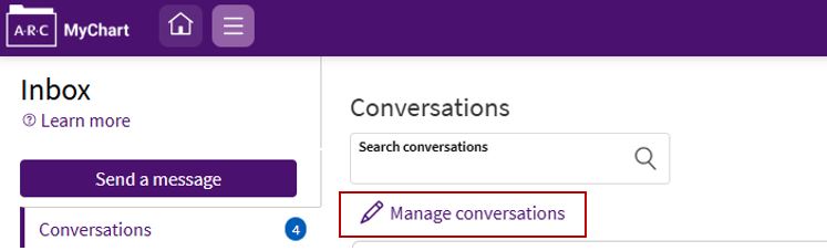 Example of the location of the Manage conversations options in ARC MyChart