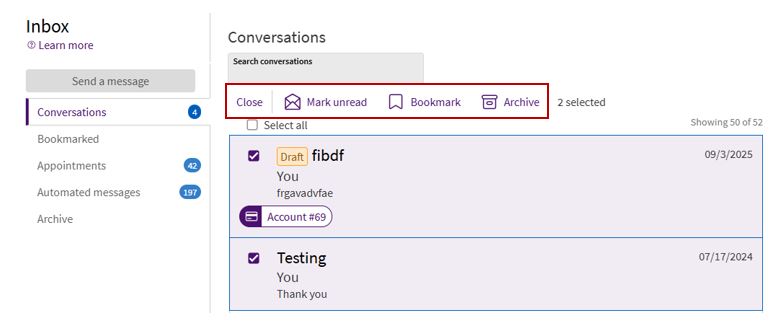 Example of the location of the Manage conversations options in ARC MyChart