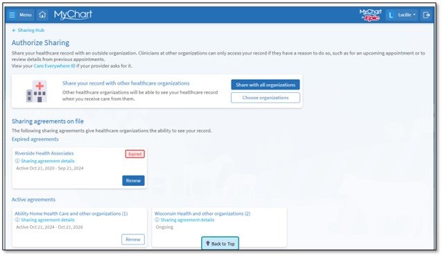 Example of the Authorize Sharing section in ARC MyChart, where you can choose which organizations outside of ARC can view your record