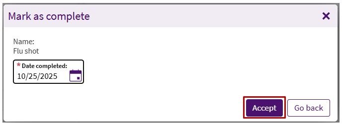 Circled 'Accept' button in the 'Mark as Complete' section in ARC MyChart