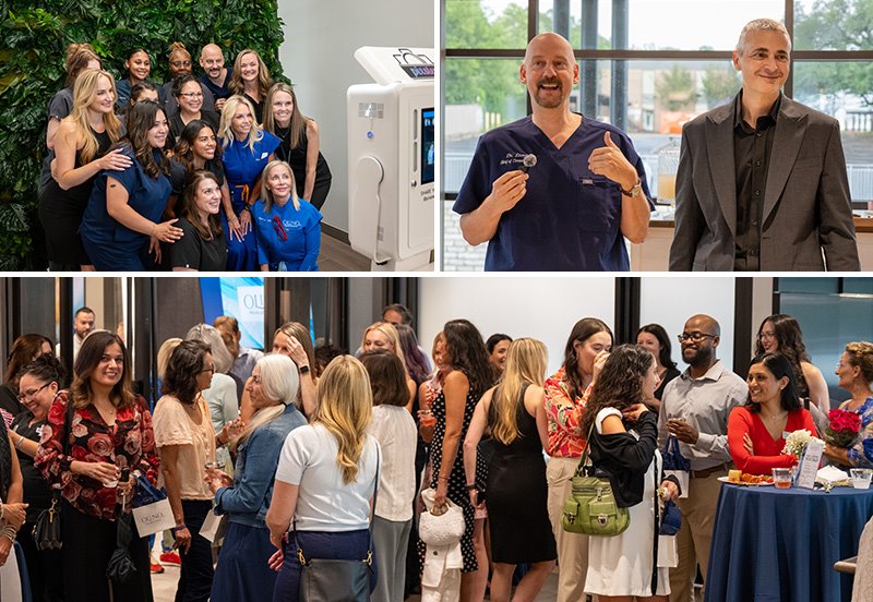 Collage featuring images of the grand opening event for OLINO Medical Aesthetics by ARC, including Dr. Steven Rasmussen, Dr. Anas Daghestani, and other ARC team members