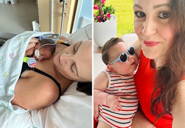 Collage featuring images of a mother holding her baby at the hospital and a mother holding her baby in an outdoor setting