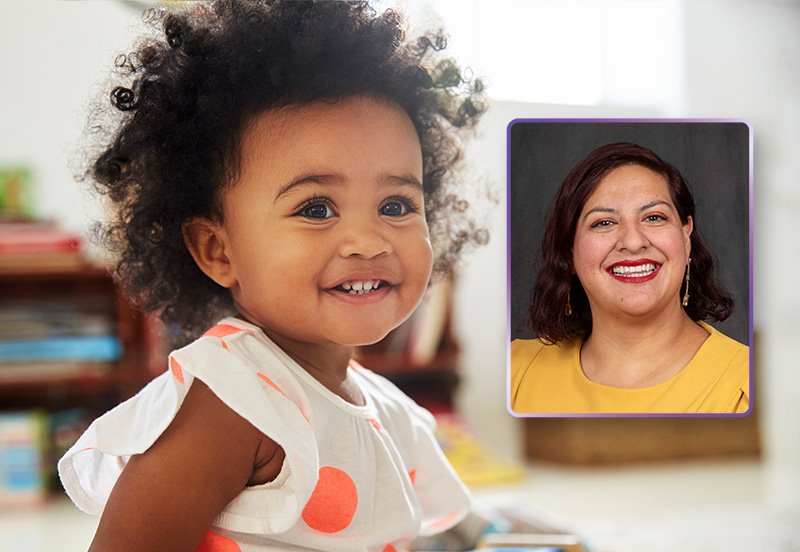 Smiling toddler, representing good health, and an image of Jazmin Gonzalez, MD, Pediatrician at ARC Goodnight Ranch