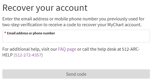 Example of the Recover your account option in ARC MyChart where you can enter your email or phone number to recover your account