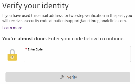 Example of the Enter Code field on the Verify your identity screen in ARC MyChart
