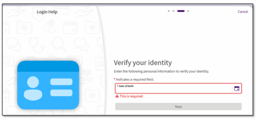 Example of the Date of Birth field on the Verify your identity screen in ARC MyChart