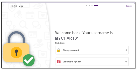Example of the successful recover screen on ARC MyChart that allows you to reset your password or continue to your account