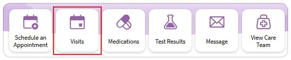 Example of the location of the Visits options in ARC MyChart menu