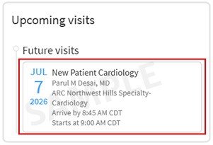Example of the Upcoming visits section in ARC MyChart