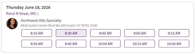 Example of available appointment times in ARC MyChart