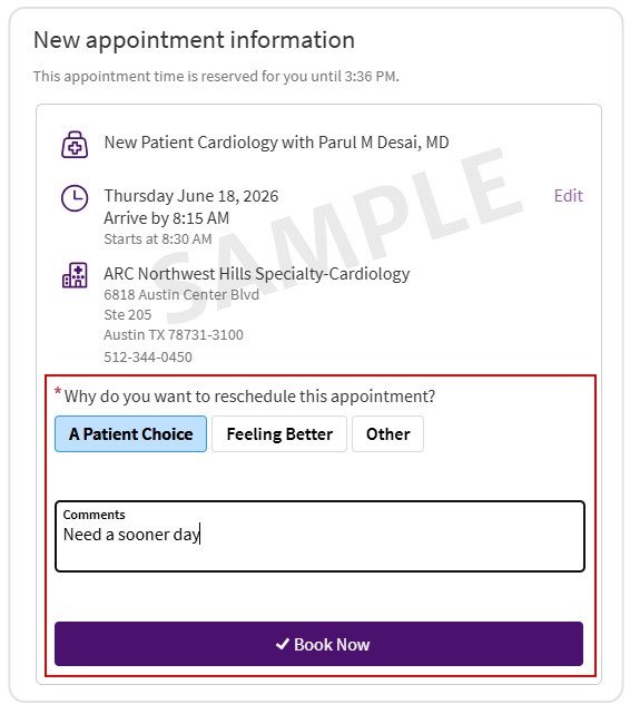 Example of the New appointment information view in ARC MyChart