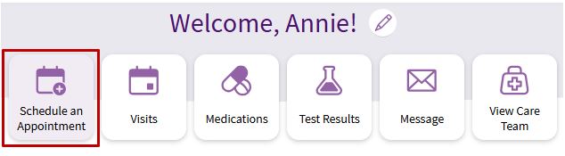 Circled 'Schedule an Appointment' tile on the ARC MyChart welcome menu section on the home page