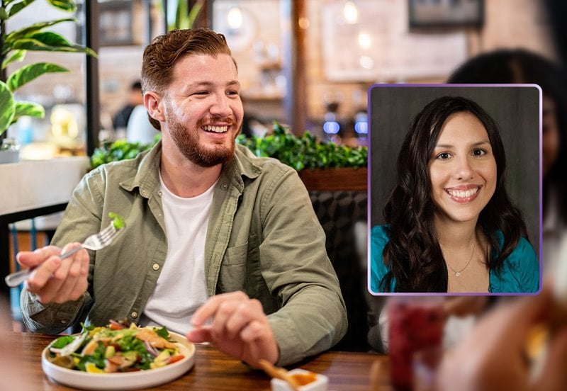 Man eating a carefully chosen salad to safely manage his food allergies and an image of Colleen S. Adkins, MD, Allergy and Asthma at ARC Round Rock