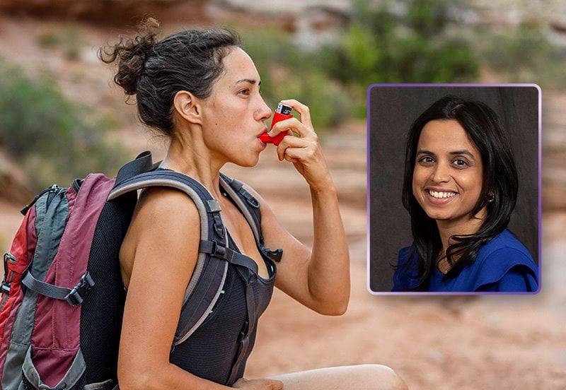 Woman using an inhaler during a hike to help manage her asthma and an image of  Niharika Marpu, MD, Allergy and Asthma Doctor