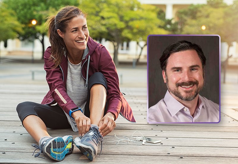 Woman adjusting her shoes for an outdoor run, depicting proper foot and ankle care, and an image of Daniel T. Halloran, DPM, FACFAS, Podiatrist at ARC