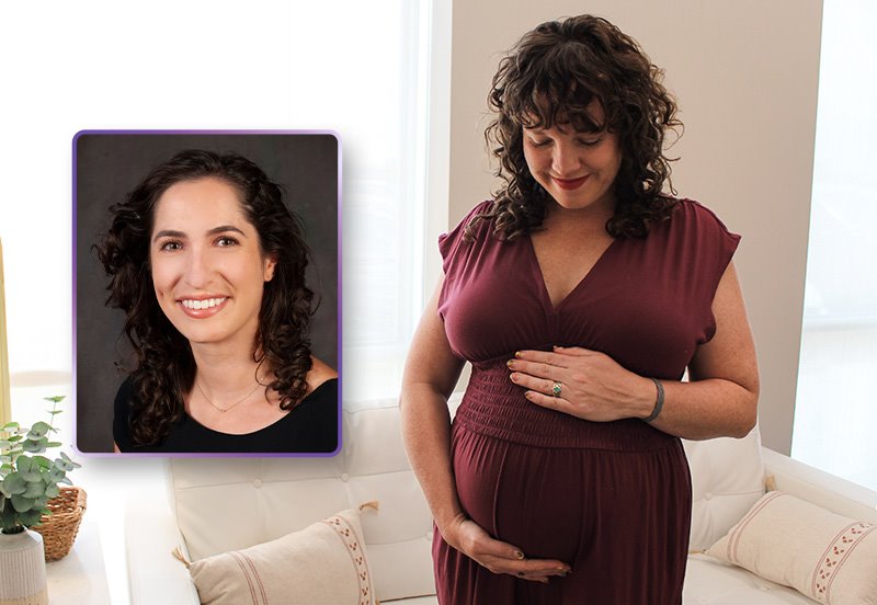 Expecting mother smiling while touching her belly, representing a healthy pregnancy, and an image of Rachel C. Fresques, MD, Ob/Gyn Doctor at ARC South Ob/Gyn