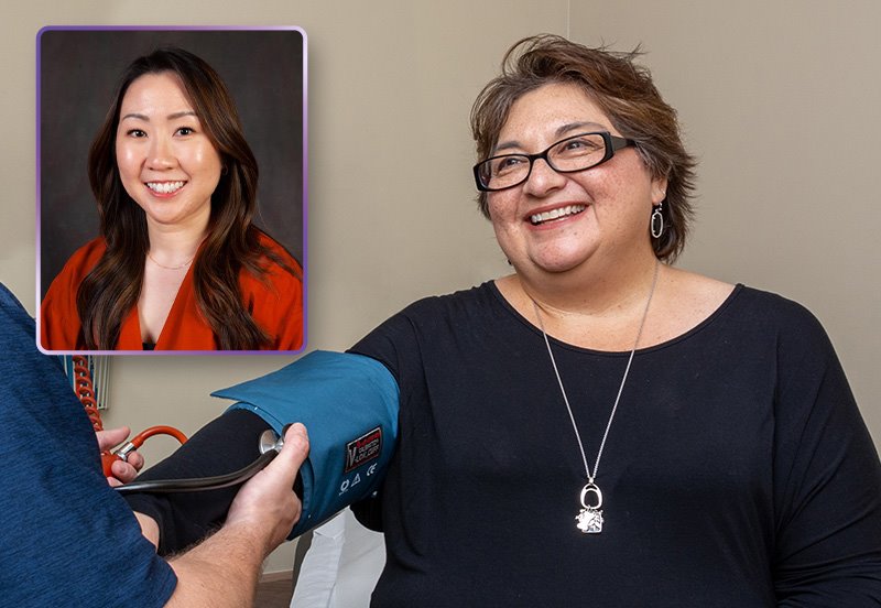 Woman being checked for high blood pressure, and an image of Jenny S. Choi, APRN, MSN, FNP-C, Family Medicine Advanced Practice Nurse