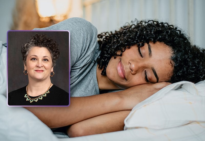 Woman getting a good night's rest and an image of Kelly L. Coleman, MSN, APRN, AGCNS-BC