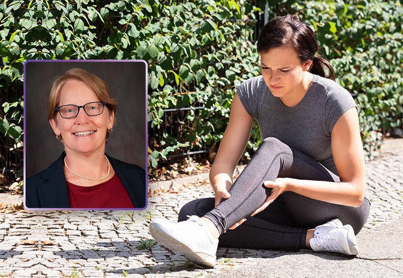 Woman who injured her ankle during a run, grabbing her leg in pain—possibly due to a sprain or fracture—and an image of Martha I. Pyron, MD, Orthopedics and Sports & Musculoskeletal Medicine Doctor
