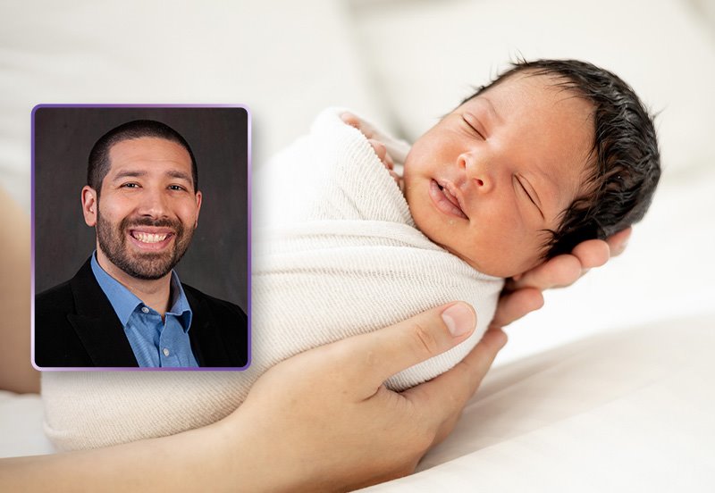 Newborn baby being held, and an image of Ricardo J. Chapa, MD, Pediatrician at ARC Dripping Springs