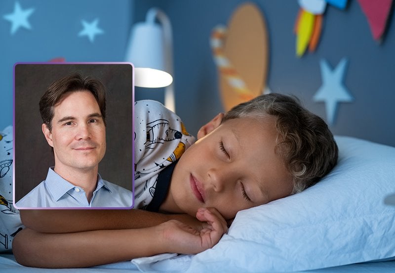 Young boy getting a good night's rest and an image of Matthew M. Meigs, MD