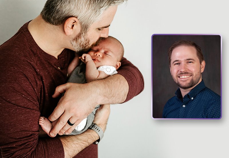 Dad holding his baby in an upright position to prevent or reduce spit-up, and an image of Mitchell T. Walton, MD, Pediatrician at ARC Four Points in Austin, TX