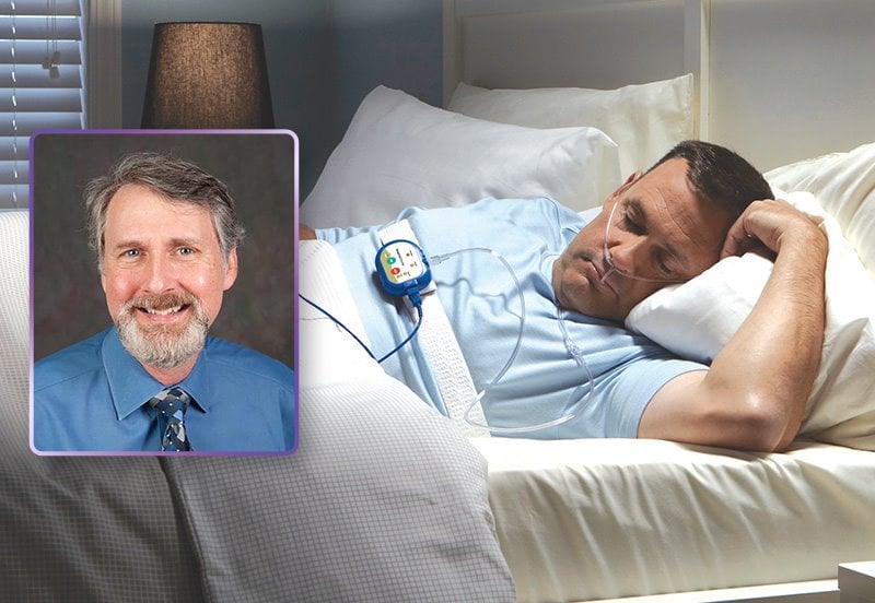 Man sleeping during a home sleep study and an image of Joseph M. Leary, MD