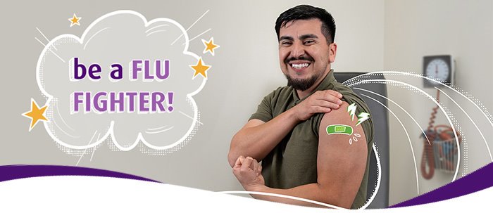 ARC patient flexing his arm after receiving the flu vaccine and the words 'be a FLU FIGHTER!'