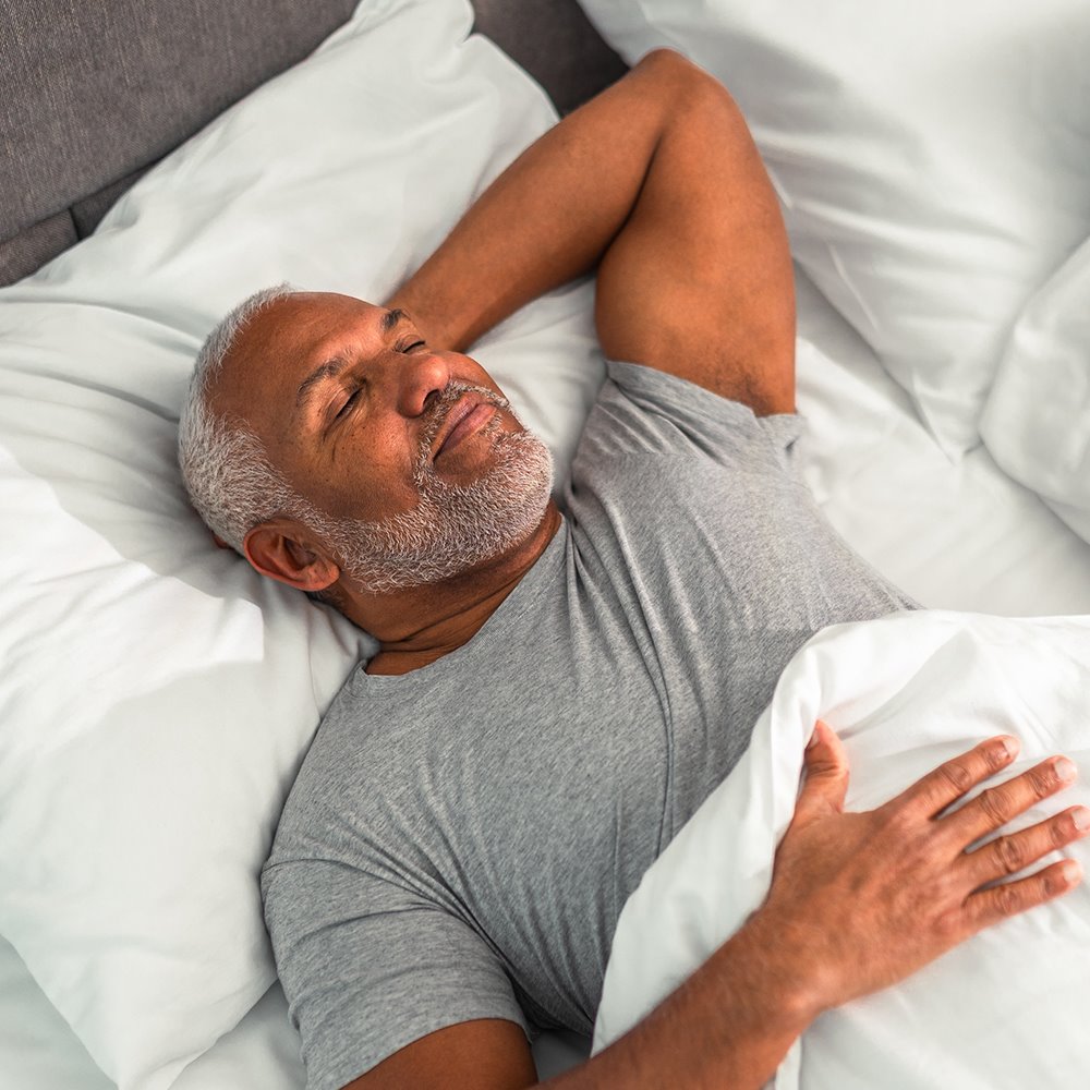 Image featuring a man enjoying a good night's sleep, representing good sleep medicine care, an image of Chen Wu, MD, ARC Neurologist, and an image of John (Caleb) Simmons, MD, ARC ENT Doctor